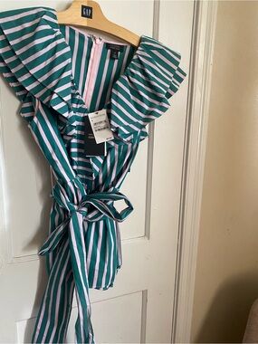 Nordstrom Green and Pink Striped Ruffle Wrap Blouse